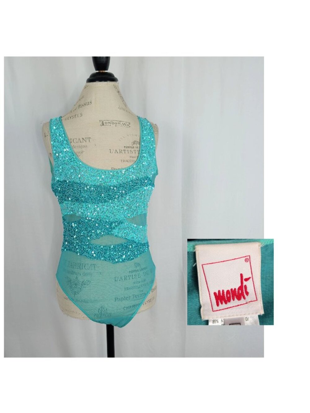 Vintage Mondi Blue Sequin Bodysuit 44 Large Mesh